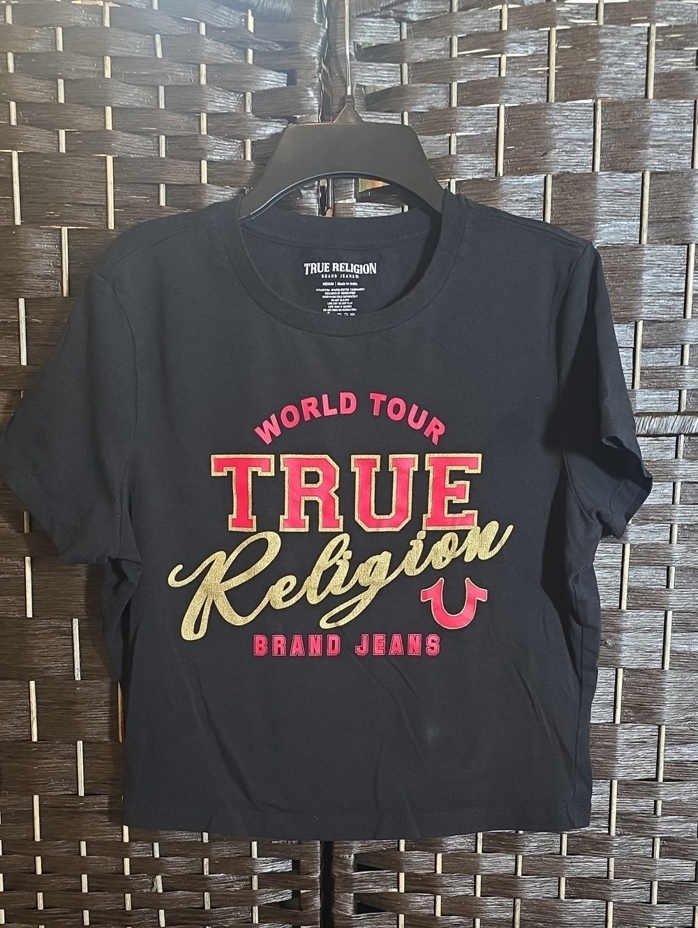 True Religion World Tour Graphic Black Crop Tee - Size Medium